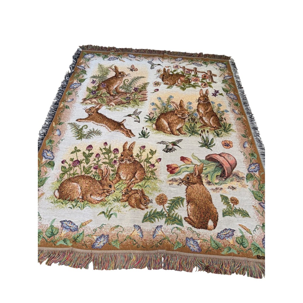 Crown Crafts Woven Tapestry Throw Blanket Rabbit Hummingbird Floral Made in USA